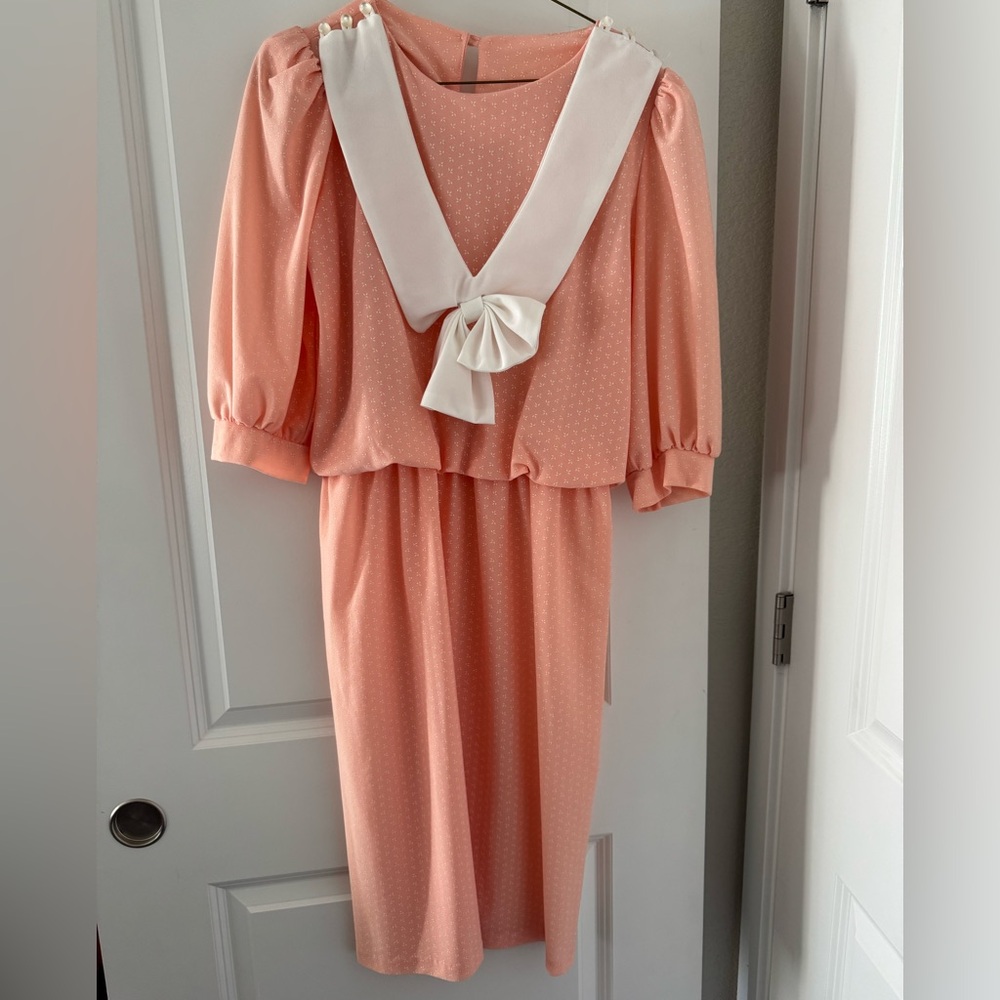 1978 Vintage Peach Dress with White Bow